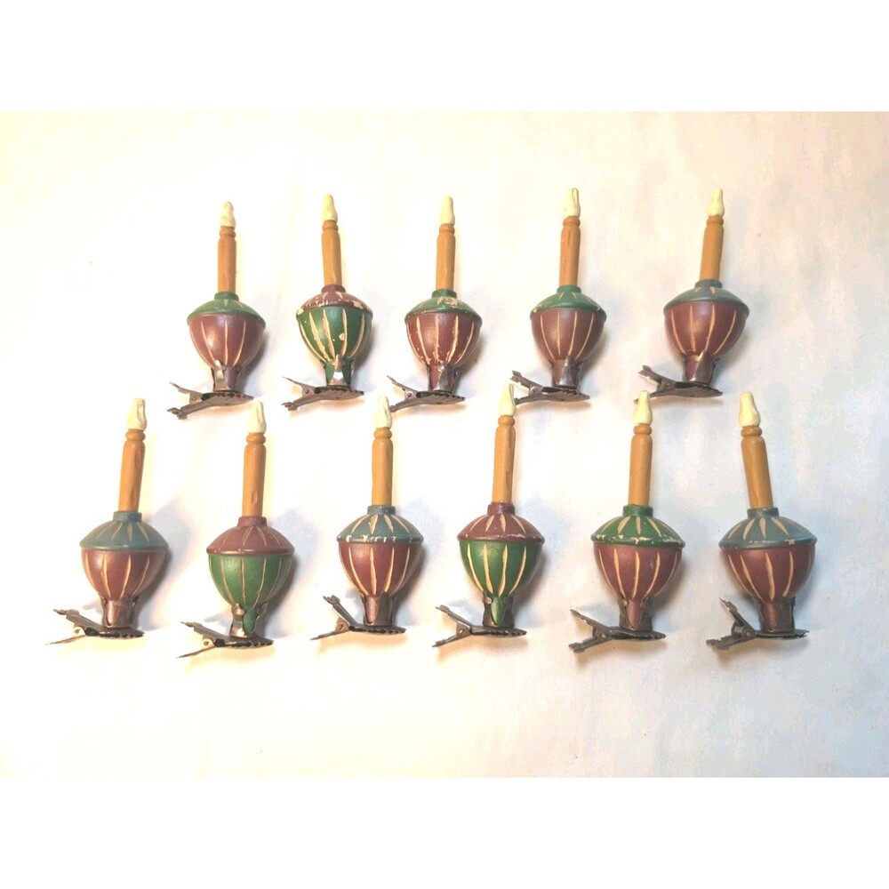 Vintage Set Of 11 Primitive Wooden Clip On Faux Christmas Candles Ornaments 4.5"
